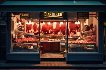 Restaurant interior with meat stall. 3D rendering illustration, Butcher shop, Showcasing a perfectly cut the steak in half within a vibrant butcher shop, AI Generated - obrazy, fototapety, plakaty