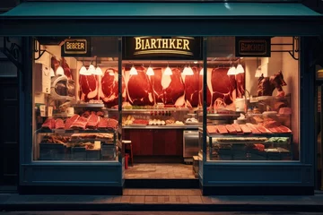 Fotobehang Restaurant interior with meat stall. 3D rendering illustration, Butcher shop, Showcasing a perfectly cut the steak in half within a vibrant butcher shop, AI Generated © Iftikhar alam