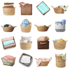 Set of many wicker baskets with laundry isolated on white