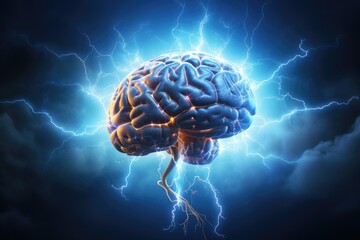 Brainstorming concept. 3D illustration of human brain with thunder lightning, Brainstorming concept illustrated with a 3D rendering of a human brain accompanied by lightning, AI Generated