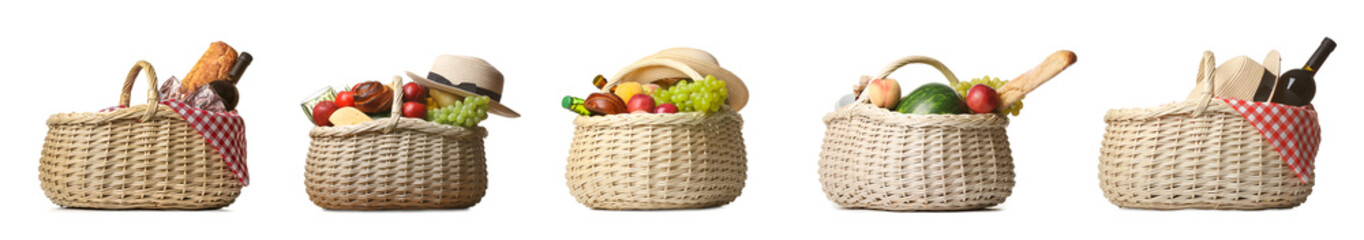Set of wicker baskets with tasty food for picnic on white background