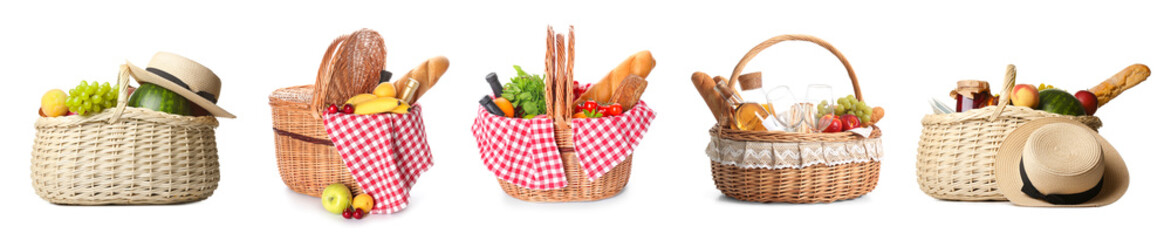 Set of wicker baskets with tasty food for picnic isolated on white