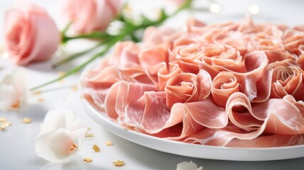  a close up of a plate of food on a table next to some flowers and a flower stem on a table.