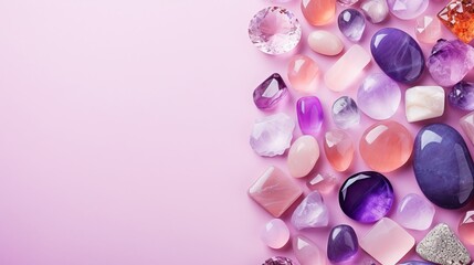 A pink background features dazzling gemstones, including amethysts and rose quartz, which are large crystals of semiprecious stones.