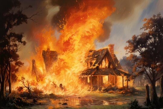 Burning house in the village. Fire in the village. Fire in the house, Burning house A house is on fire displaying flam, AI Generated