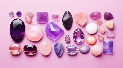 Obraz na płótnie Canvas A pink background features dazzling gemstones, including amethysts and rose quartz, which are large crystals of semiprecious stones.