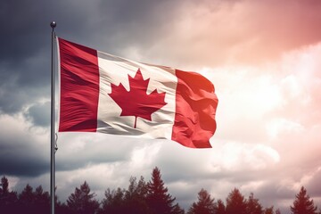 Canada flag waving in the wind with modern cityscape on the background, Canada flag waving outdoors, AI Generated
