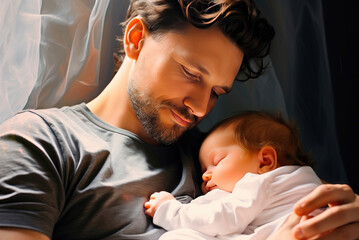 Young father holds a newborn baby in his arms. Father's Day