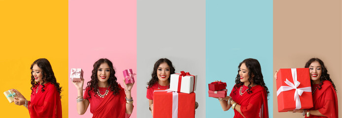 Set of beautiful Indian woman with gifts on color background