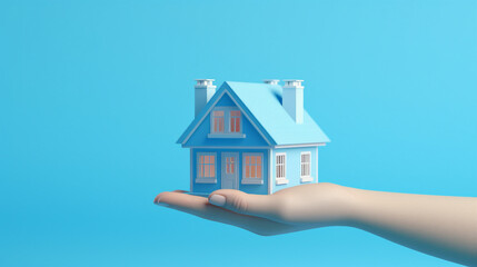 Fototapeta na wymiar Dreamy Blue Home Icon Floating in Hand – Modern Real Estate Concept Illustration