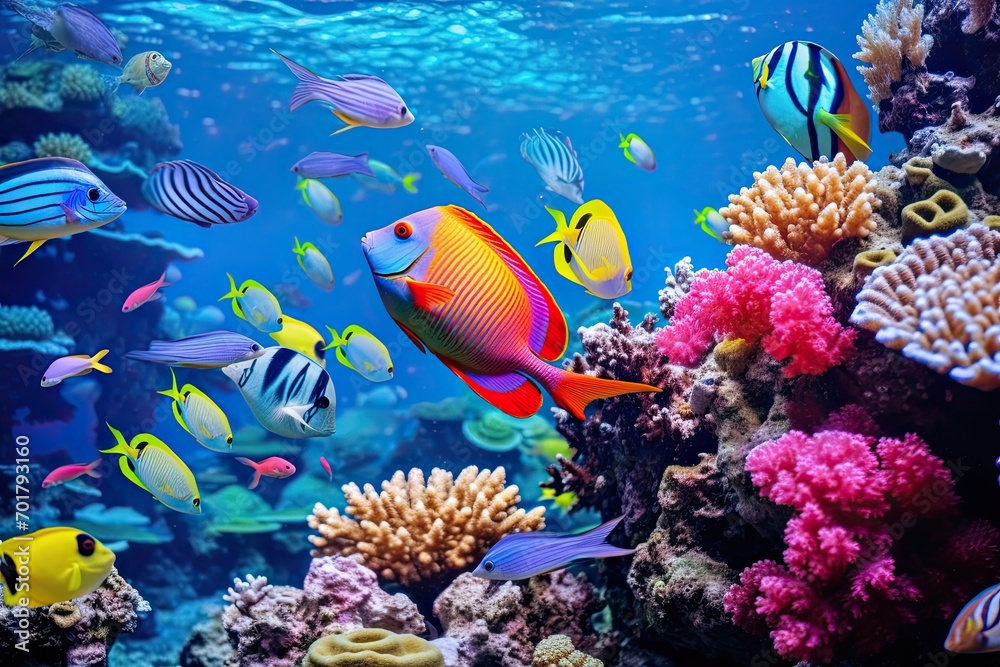 Poster Underwater view of coral reef with tropical fish. Underwater world, AI Generated