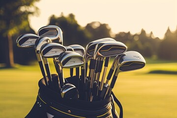 Golf clubs and golf bag on green with beautiful sunset in background, AI Generated - obrazy, fototapety, plakaty