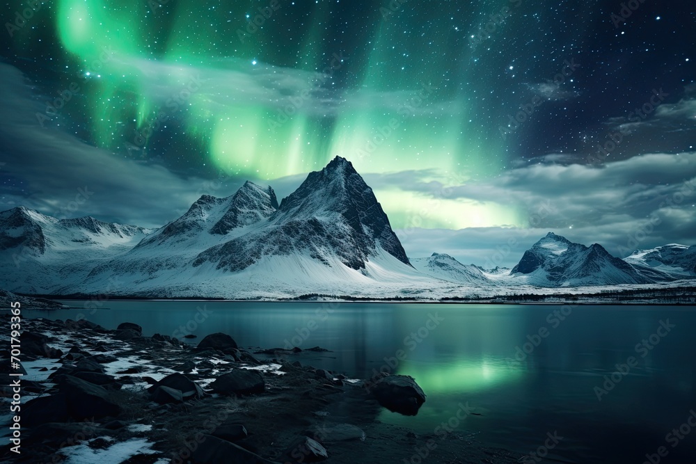 Wall mural Aurora borealis over snowy mountain range in the northern lights, AI Generated