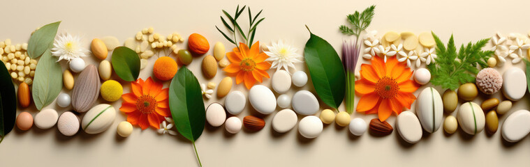 Creative banner with medical herbs and pills from them on white background. Top view, flat lay. Healthy eating and alternative medicine concept