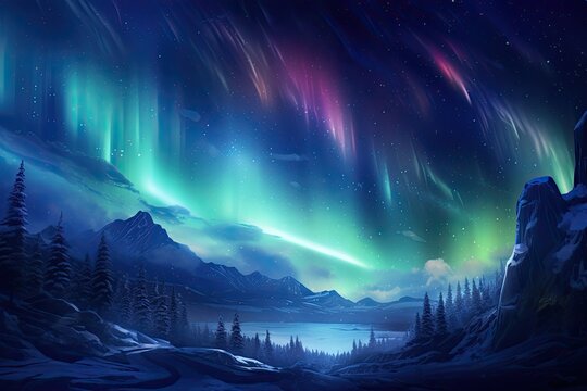 Northern lights in the night sky over the winter forest. 3d rendering, AI Generated