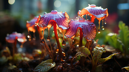 Carnivorous plants, large flowers and hypnotic patterned leaves - obrazy, fototapety, plakaty