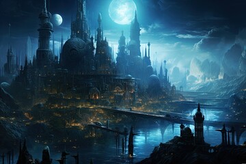 Fantasy landscape with magic city and bridge. 3D illustration, AI Generated