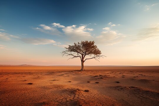 Lonely tree in the middle of a dry desert at sunset, AI Generated © Iftikhar alam