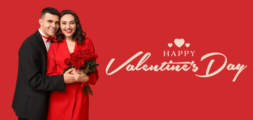 Banner for Valentine's Day with happy young couple holding bouquet of flowers on red background