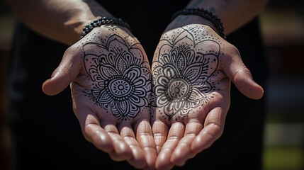 Hands held open with a detailed mandala pattern, symbolizing meditation and spirituality.