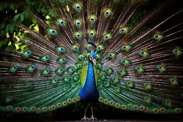 Obraz premium Beautiful peacock with colorful feathers in the park. Close-up, AI Generated