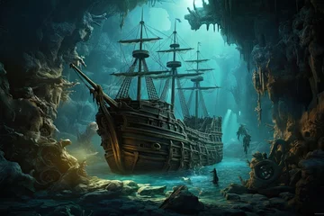 Fotobehang Pirate ship in the cave. 3d illustration. Fantasy, AI Generated © Iftikhar alam