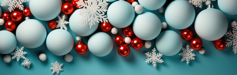 Banner of a Christmas banner with balloons on the Christmas tree and snowflakes on a blue background