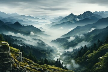 Photo of a serene mountain landscape with misty peaks. Generative AI - obrazy, fototapety, plakaty