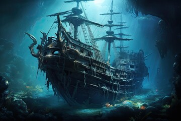 Pirate ship in the sea. Fantasy landscape. 3D rendering, AI Generated