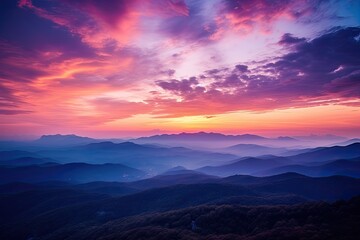 Colorful sunrise in the mountains. View from the top of the mountain, AI Generated