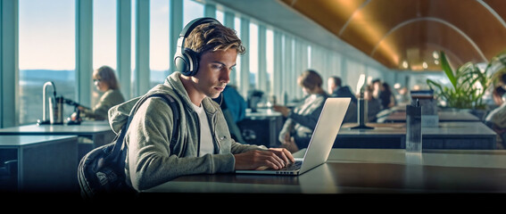 a man wearing headphones using a laptop computer in a large room with windows and a view of the city,  computer art, generative ai - obrazy, fototapety, plakaty