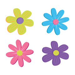 Groovy flower cartoon characters. Blue, yellow, Isolated vector illustration. Hippie 60s, 70s style.