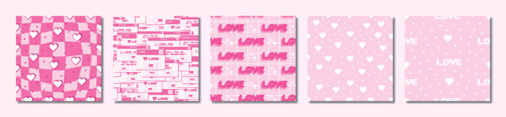 Set of seamless patterns in 2000s style on a pink background. Vector illustration for Valentine's Day. Template for card, fabric, textile, wallpaper, paper, packaging