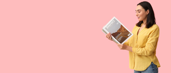 Beautiful woman with magazines on pink background with space for text