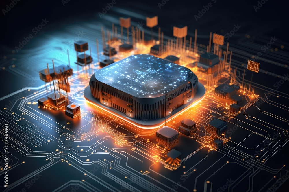 Poster circuit board with processor and microchips. 3d rendering, ai generated