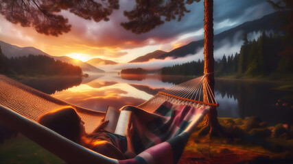 Woman Reading in a Hammock in the Mountains at Dawn