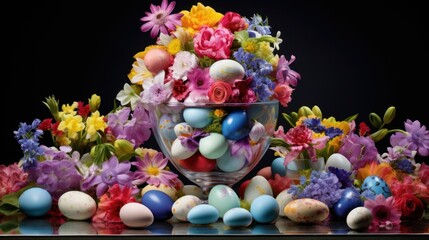 Fototapeta na wymiar a glass bowl filled with lots of colorful easter eggs next to a bunch of flowers and eggs on a table.
