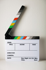 Clapperboard isolated on white background with clipping path. Movie clapper board and film.