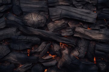 The texture of the firewood. Charcoal background. Burning wood, AI Generated