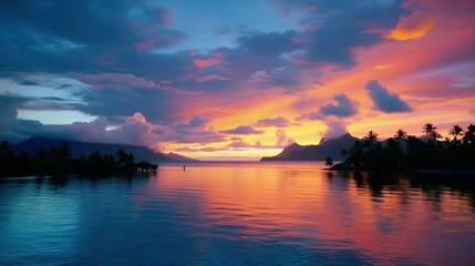 
Stunning colorful sunset sky with clouds on the horizon of the South Pacific Ocean