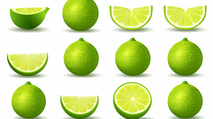 Flying lime slices collection isolated on white background. Generative Ai