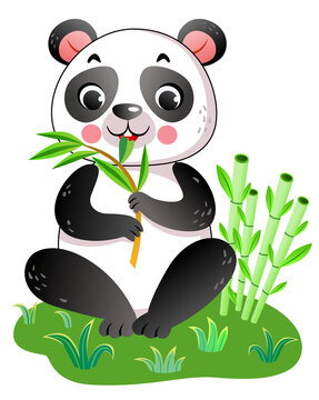 Cute cartoon panda sitting on the grass with bamboo
