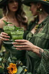 Couple in green outfits, toasting with green drinks.