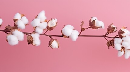 A pink wall is the backdrop for a close-up of cotton flowers on a branch.