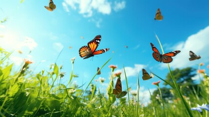 Butterflies flying on the green grass Low angle view, low angle shot