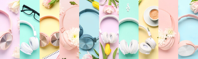 Collage of headphones with fresh flowers on color background, top view