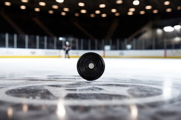 Hockey puck in front of a hockey rink. Blurred background, black hockey puck on ice rink, AI Generated