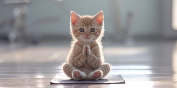cute funny kitten with beautiful blue eyes doing yoga while sitting in lotus position with copy space. Tender photo, good start