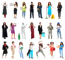 Set of young African-American woman from different professions on white background
