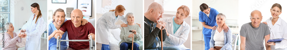 Poster Set of elderly people with caregivers at nursing home